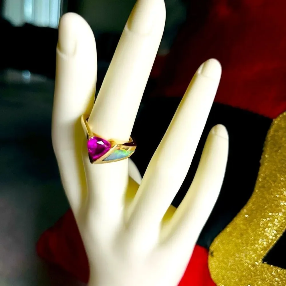 Opal and Pink Sapphire 14K Ring Size 6